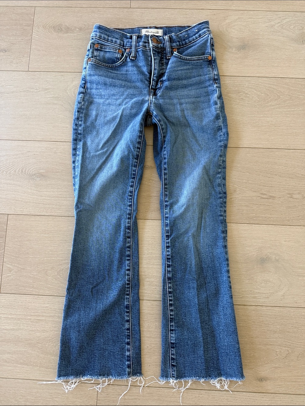 Madewell Medium Blue Mid-Rise Kick Out Jeans with Raw Hem